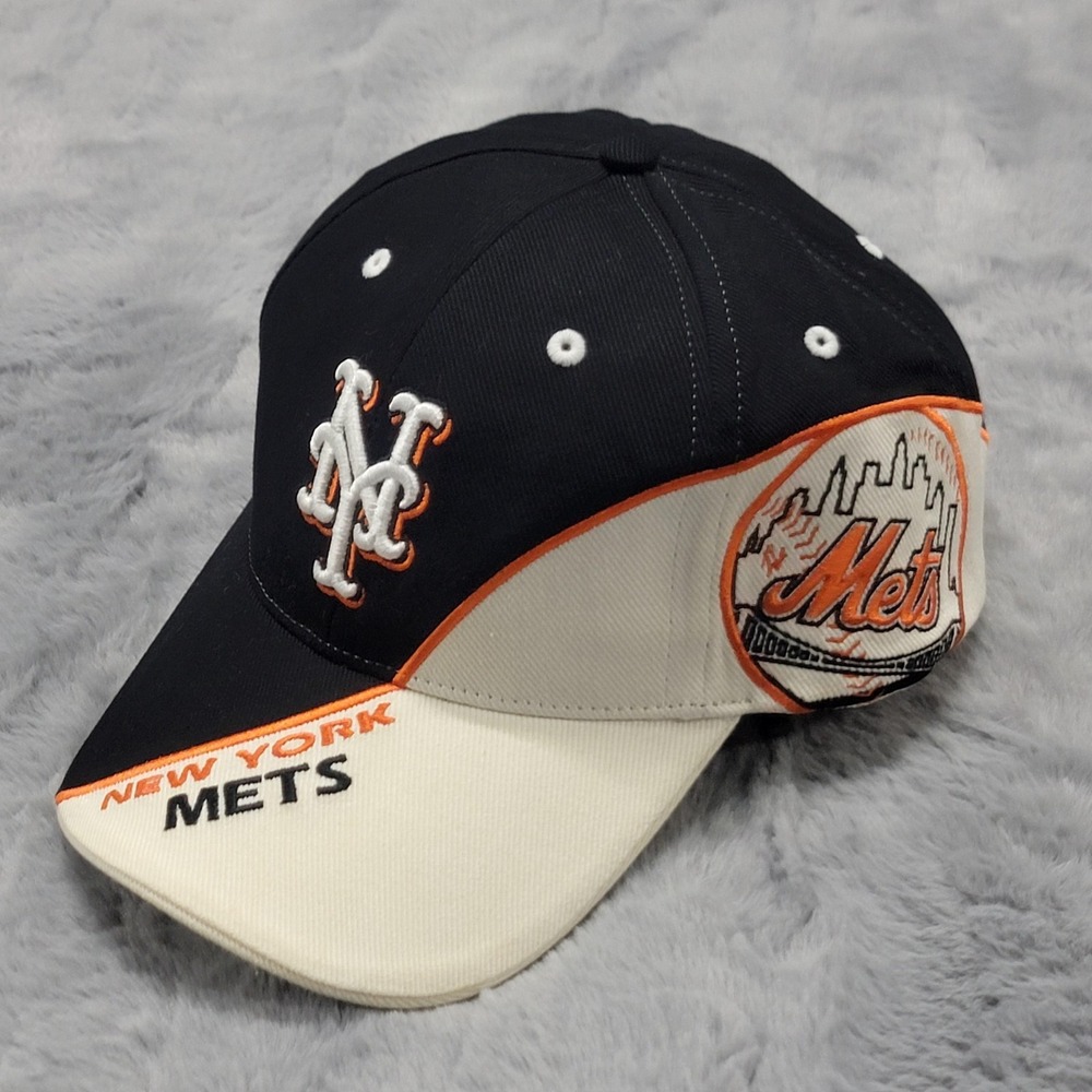 Vintage New York Mets Hat Cap Strapback Mens OSFM Black Cream MLB Baseball Twins